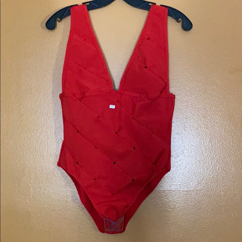 Bandage bathing suit with deep plunging neckline